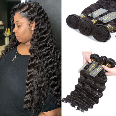 Loose Deep Wave Bundles Human Hair Weave Extensions Natural Black Color for Women ｜QT Hair