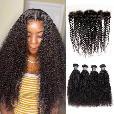 Malaysian 4 Bundles Curly with Lace Frontal 100% Unprocessed Virgin Human Hair ｜QT Hair