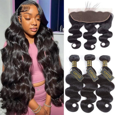 Body Wave 3 Bundles with Lace Frontal Virgin Human Hair Weave Extensions for Women ｜QT Hair