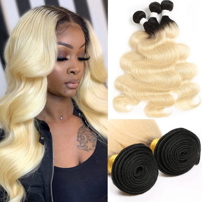 Ombre 1B/613 Dark Roots Blonde Body Wave Human Hair Extensions 3 Bundles ｜QT Hair