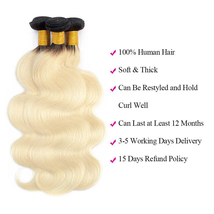 Ombre 1B/613 Dark Roots Blonde Body Wave Human Hair Extensions 3 Bundles ｜QT Hair