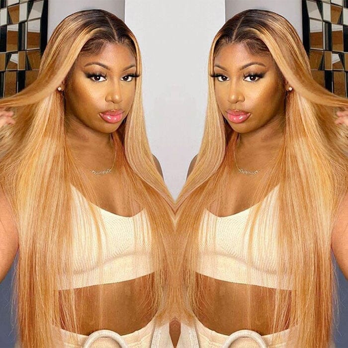 QT Hair Ombre Honey Blonde Lace Frontal Wig Pre Plucked Dark Roots Human Hair ｜QT Hair