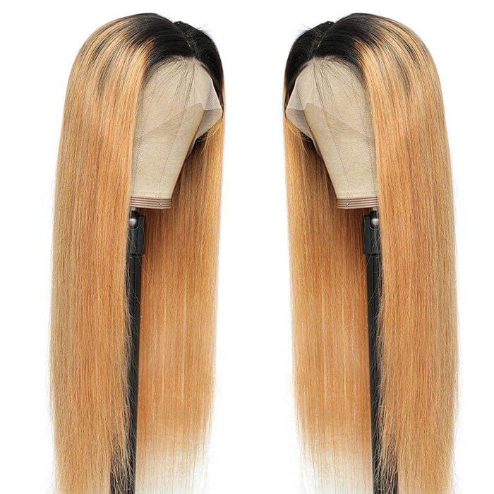 QT Hair Ombre Honey Blonde Lace Frontal Wig Pre Plucked Dark Roots Human Hair ｜QT Hair