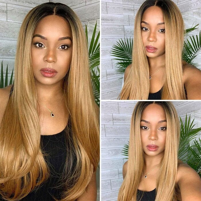 QT Hair Ombre Honey Blonde Lace Frontal Wig Pre Plucked Dark Roots Human Hair ｜QT Hair