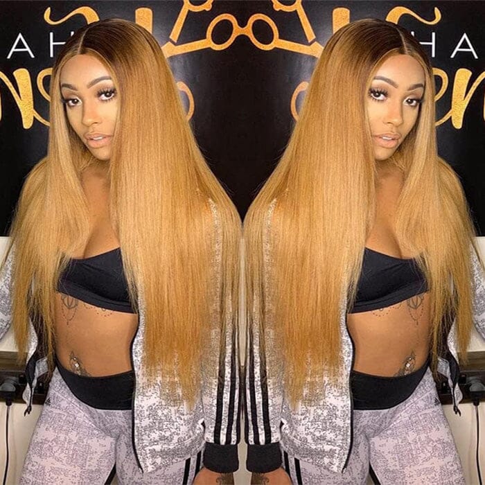 QT Hair Ombre Honey Blonde Lace Frontal Wig Pre Plucked Dark Roots Human Hair ｜QT Hair