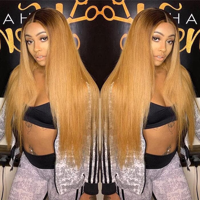 QT Hair Ombre Honey Blonde Lace Frontal Wig Pre Plucked Dark Roots Human Hair ｜QT Hair