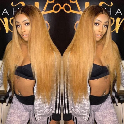 QT Hair Ombre Honey Blonde Lace Frontal Wig Pre Plucked Dark Roots Human Hair ｜QT Hair