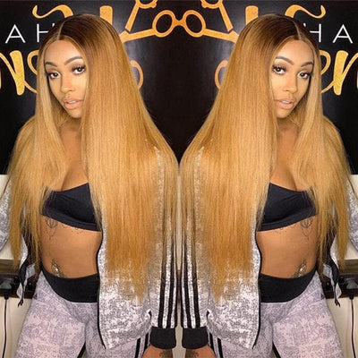 QT Hair Ombre Honey Blonde Lace Frontal Wig Pre Plucked Dark Roots Human Hair ｜QT Hair