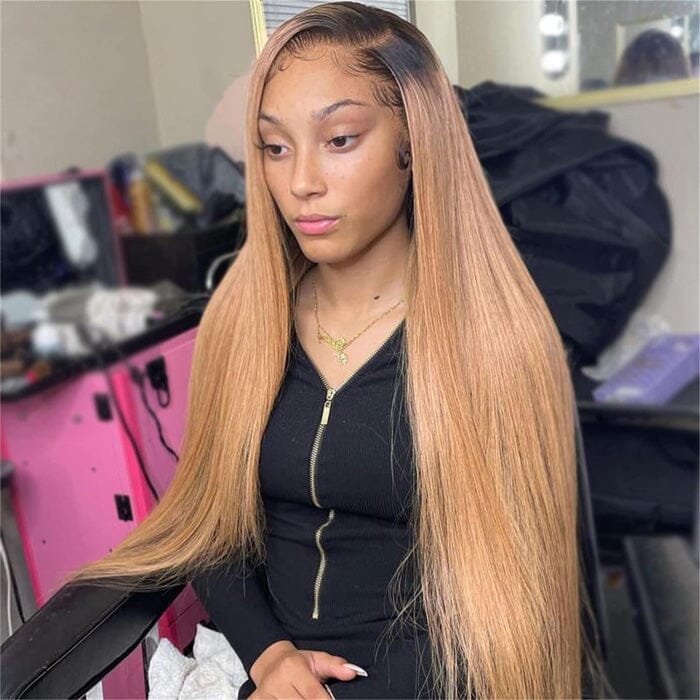 QT Hair Ombre Honey Blonde Lace Frontal Wig Pre Plucked Dark Roots Human Hair ｜QT Hair