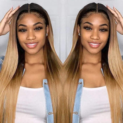 QT Hair Ombre Honey Blonde Lace Frontal Wig Pre Plucked Dark Roots Human Hair ｜QT Hair