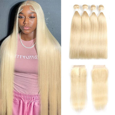 Peruvian Blonde Color 613 Straight Human Hair 4 Bundles with 4x4 Lace Closure ｜QT Hair