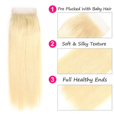 Peruvian Blonde Color 613 Straight Human Hair 4 Bundles with 4x4 Lace Closure