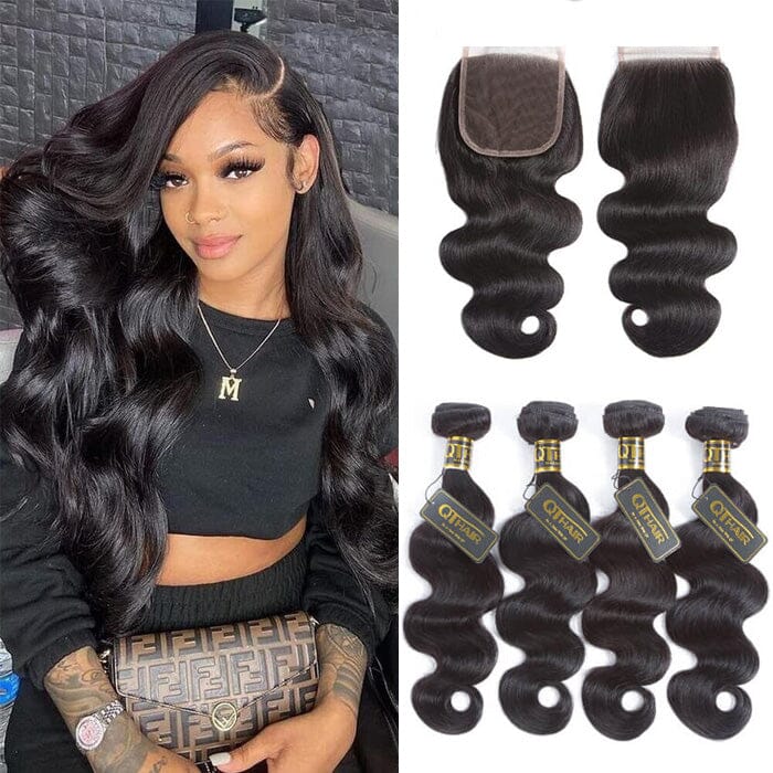 Peruvian Body Wave 100% Virgin Human Hair 4 Bundles with Lace Closure Pre Plucked