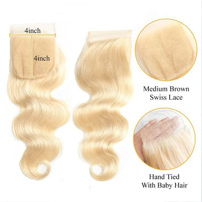 Peruvian Body Wave 613 Blonde Human Hair 4 Bundles with 4x4 Transparent Lace Closure