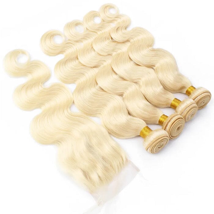 Peruvian Body Wave 613 Blonde Human Hair 4 Bundles with 4x4 Transparent Lace Closure