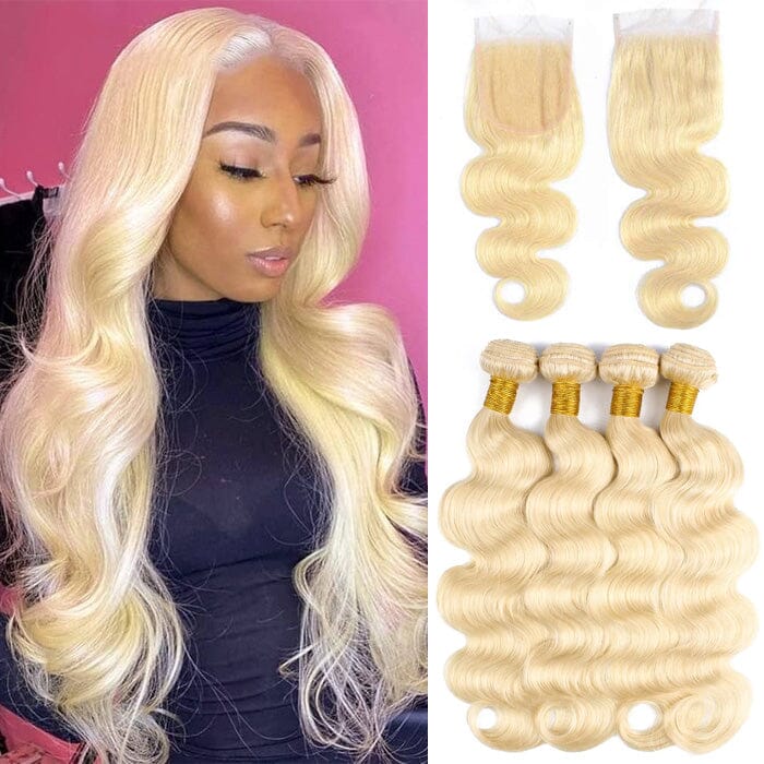 Malaysian 613 Honey Blonde Body Wave Human Hair 4 Bundles with 4x4 Lace Closure