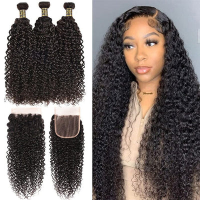 Peruvian Human Hair Jerry Curly 3 Bundles Hair Weft with 4*4 Lace Closure Pre Plucked ｜QT Hair