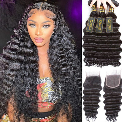 Peruvian Human Hair Loose Deep Wave 3 Bundles with 4x4 Lace Closure ｜QT Hair