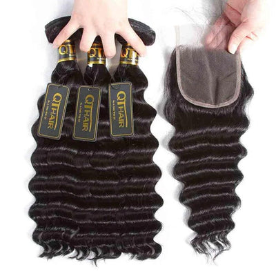 Peruvian Human Hair Loose Deep Wave 3 Bundles with 4x4 Lace Closure ｜QT Hair