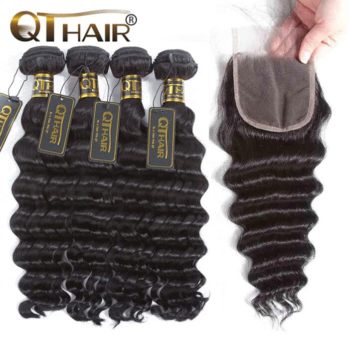 Peruvian Virgin Human Hair 4 Bundles Loose Deep Wave Hair with Lace Closure ｜QT Hair
