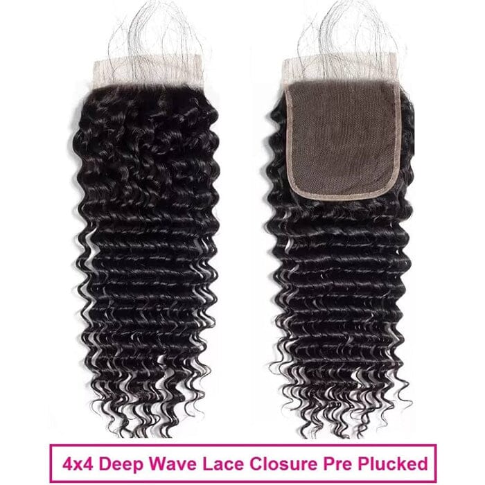 Peruvian Virgin Human Hair Deep Wave 3 Bundles Hair Weft with 4*4 Lace Closure