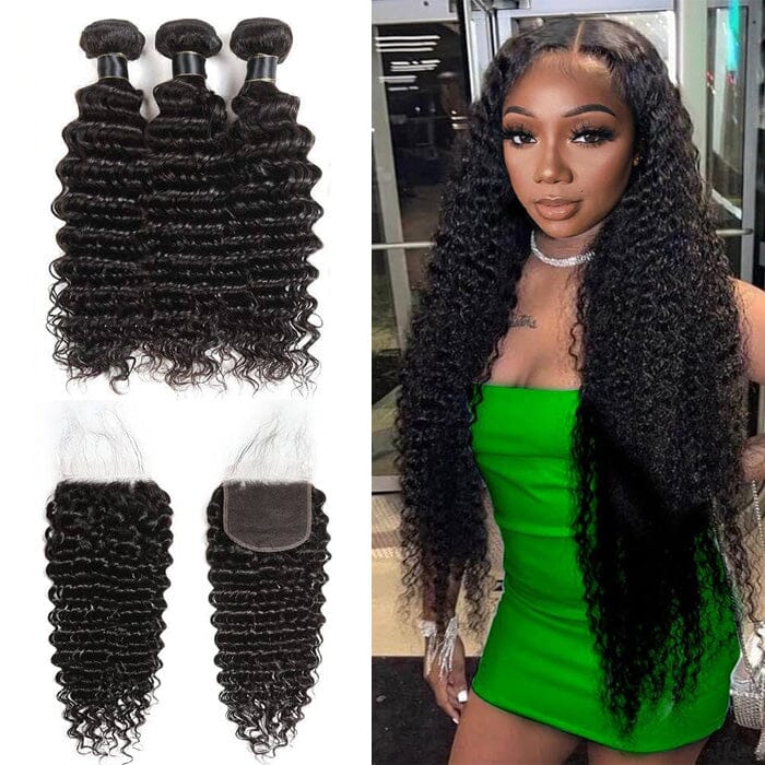 Peruvian Virgin Human Hair Deep Wave 3 Bundles Hair Weft with 4*4 Lace Closure ｜QT Hair