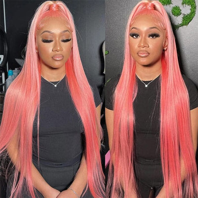 Pink Color Wigs Natural Red Pink Mixed Long Straight Lace Front Wig Human Hair ｜QT Hair