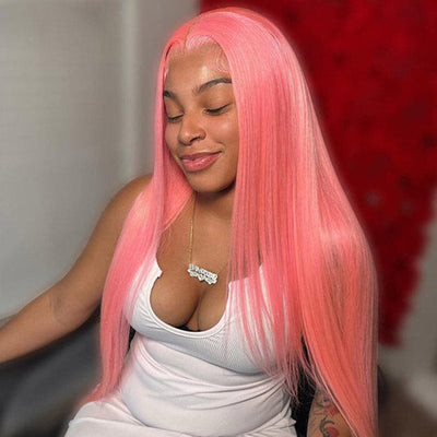 Pink Color Wigs Natural Red Pink Mixed Long Straight Lace Front Wig Human Hair ｜QT Hair