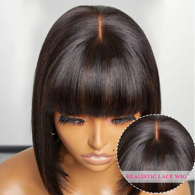 Put On and Go Realistic Glueless Bob Lace Wig with Bangs Virgin Human Hair Flash Sale ｜QT Hair
