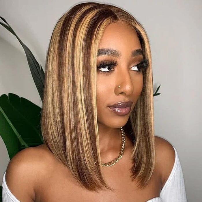 QT Short Bob Ombre Highlight Lace Frontal Wig Honey Blond Bone Straight Human Hair ｜QT Hair