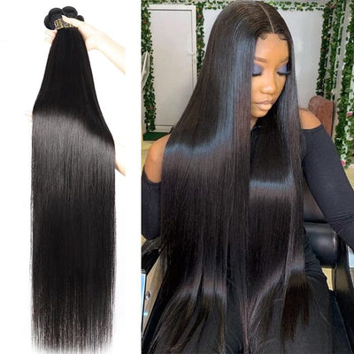 Straight Malaysian Human Hair 4 Bundles with Frontal Natural Black Color for Women ｜QT Hair