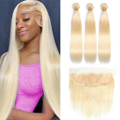 QT 14A Brazilian Human Hair #613 Blonde Straight Hair with 13x4 Swiss Lace Frontal ｜QT Hair