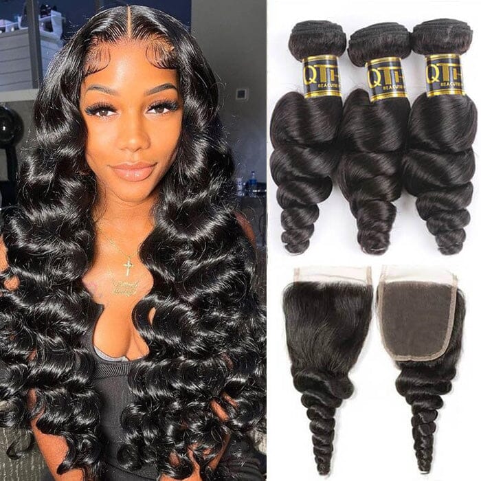 QT 14A Grade Brazilian Loose Wave Human Hair Bundles with 4x4 Lace Closure ｜QT Hair