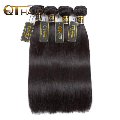 Straight Malaysian Human Hair 4 Bundles with Frontal Natural Black Color for Women ｜QT Hair