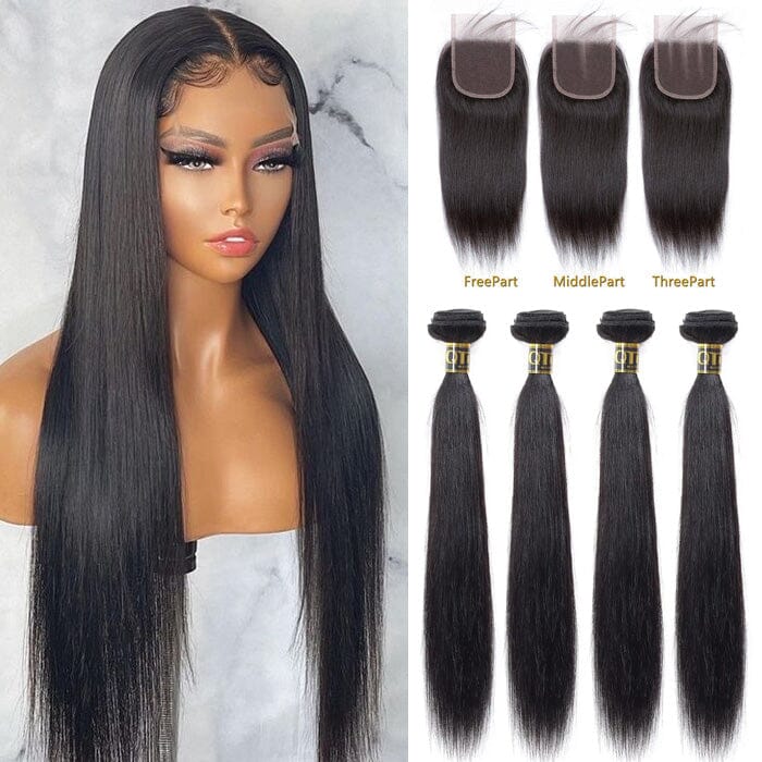 QT Human Hair Bundles Malaysian Straight Hair 4 Pcs with 4x4 Lace Closure ｜QT Hair