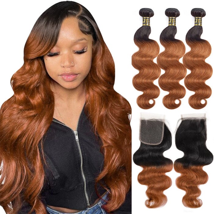 QT 1B/30 Body Wave 3 Bundles with Lace Closure Dark Roots Ombre Human Hair ｜QT Hair