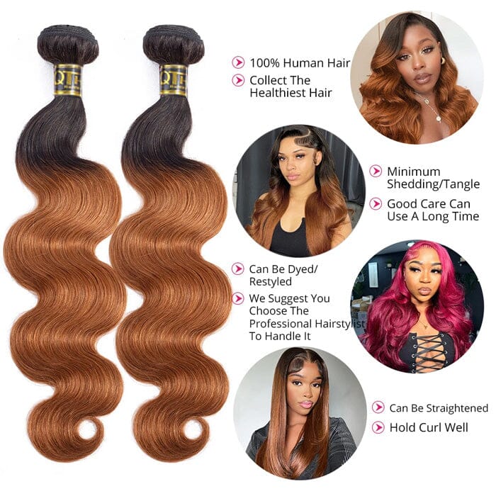 QT 1B/30 Body Wave 3 Bundles with Lace Closure Dark Roots Ombre Human Hair ｜QT Hair