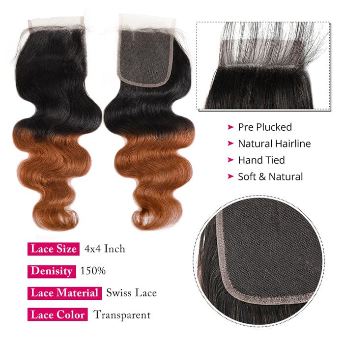 QT 1B/30 Body Wave 3 Bundles with Lace Closure Dark Roots Ombre Human Hair ｜QT Hair