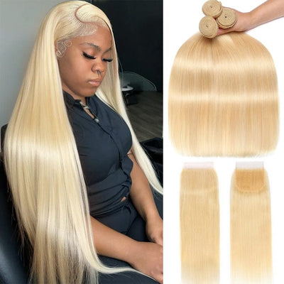 QT 613 Blond Straight Hair 3 Bundles with 4x4 Lace Closure Human Hair ｜QT Hair