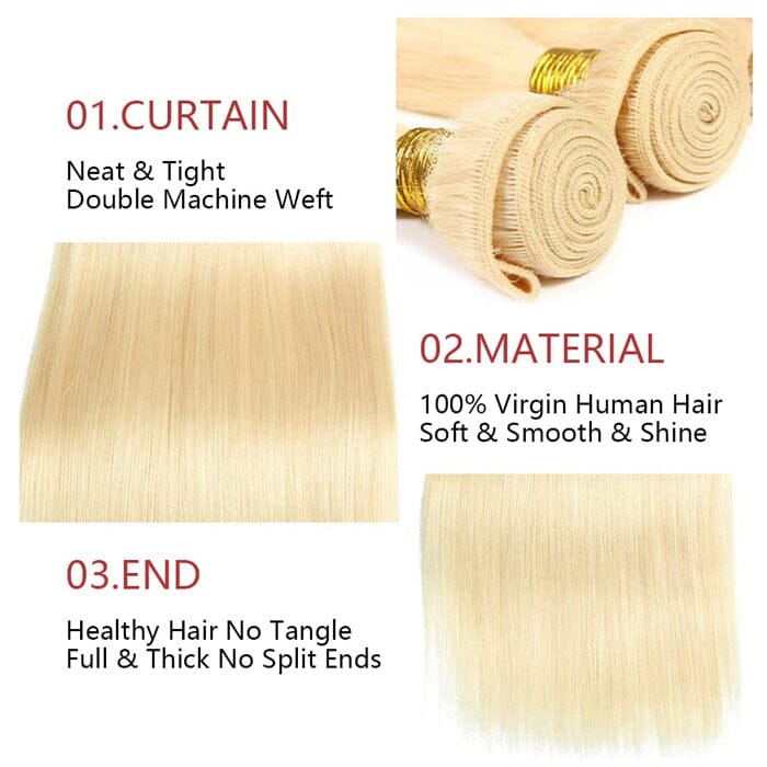 Indian Straight Virgin Human Hair Color 613 Blonde 4 Bundles with 4x4 Lace Closure ｜QT Hair