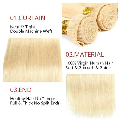 Indian Straight Virgin Human Hair Color 613 Blonde 4 Bundles with 4x4 Lace Closure ｜QT Hair