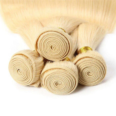 Indian Straight Virgin Human Hair Color 613 Blonde 4 Bundles with 4x4 Lace Closure ｜QT Hair