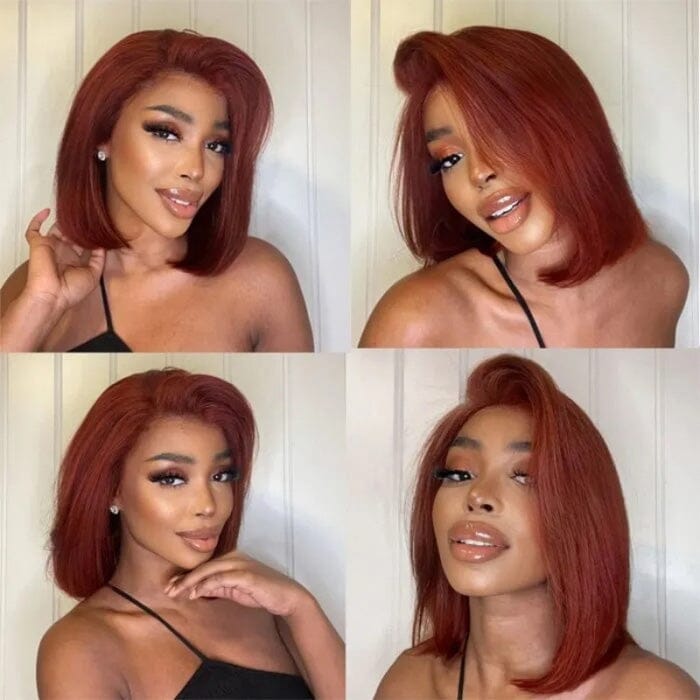 QT Auburn Brown Bone Straight Short Bob Lace Wigs Pre Plucked Human Hair ｜QT Hair