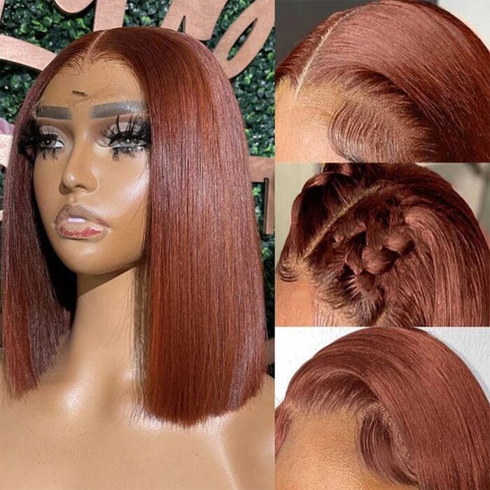 QT Auburn Brown Bone Straight Short Bob Lace Wigs Pre Plucked Human Hair ｜QT Hair