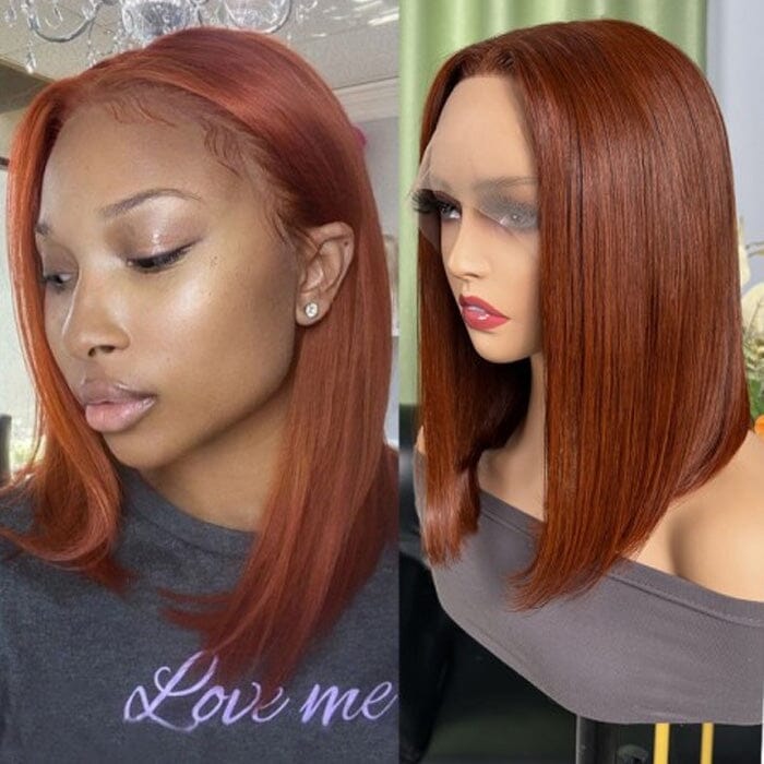 QT Auburn Brown Bone Straight Short Bob Lace Wigs Pre Plucked Human Hair ｜QT Hair