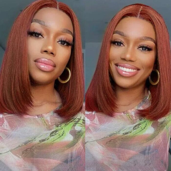 QT Auburn Brown Bone Straight Short Bob Lace Wigs Pre Plucked Human Hair ｜QT Hair