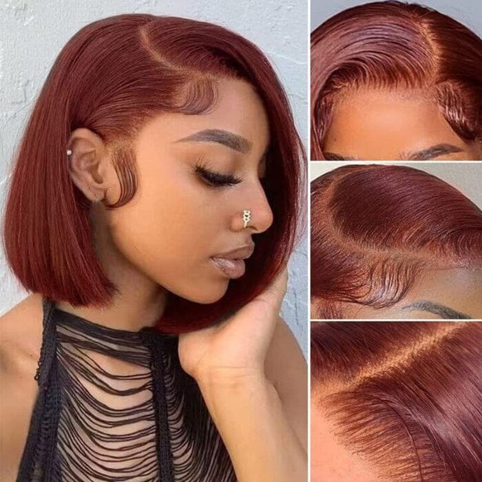 QT Auburn Brown Bone Straight Short Bob Lace Wigs Pre Plucked Human Hair ｜QT Hair