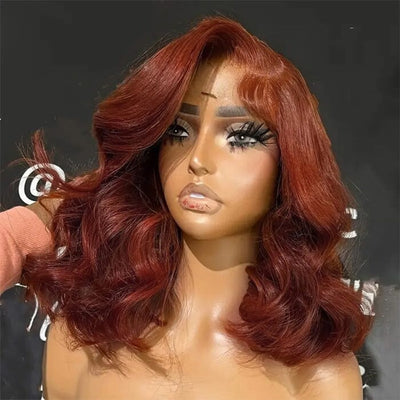 QT Auburn Brown Color Body Wave Lace Wigs Pre Plucked Short Bob Human Hair ｜QT Hair