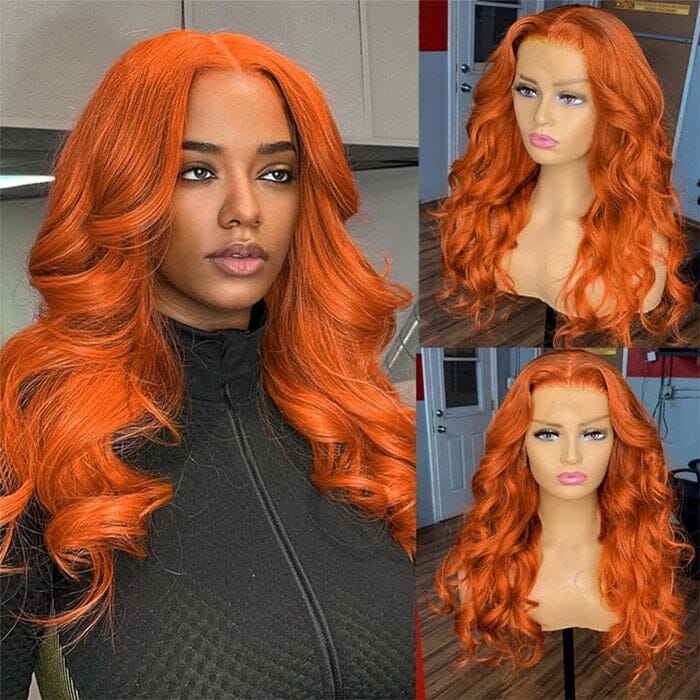 QT Body Wave Orange Ginger Color Transparent Lace Closure Wigs Human Hair ｜QT Hair