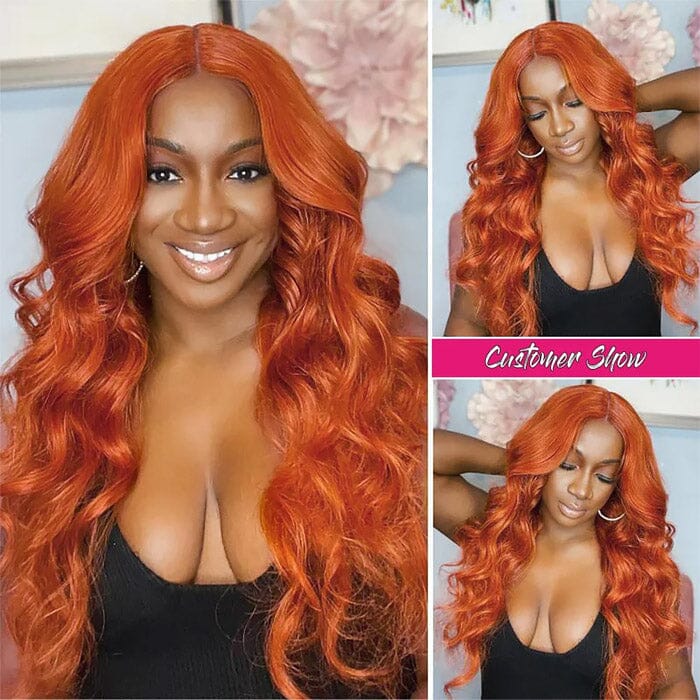 QT Body Wave Orange Ginger Color Transparent Lace Closure Wigs Human Hair ｜QT Hair